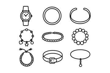 Poster - Jewelry outline icon set: bracelet, watch, necklace, ring in line art style collection