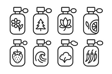 Poster - Perfume, fragrance line icon set, elegant scent bottles collection in outline style