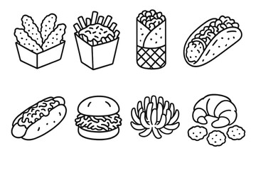 Poster - Fast food outline icon set. fries, burger, pizza, snacks, and more in minimalist style