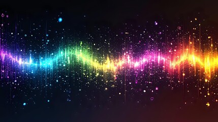 Poster - Vibrant rainbow sound wave with glowing particles and light effects on dark background creates dynamic audio visualization pattern for music and entertainment designs.