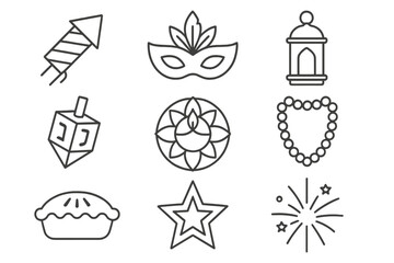 Poster - Holiday celebration line icon set. festive symbols, party, and event outline icons