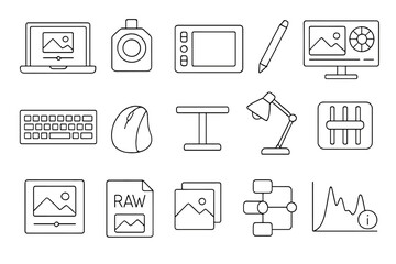 Poster - Photography, editing outline icon set. camera, laptop, graphic tablet linear icons