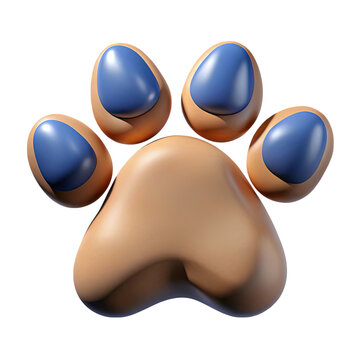 Stylized 3d rendering of a cartoonish dog paw print with smooth brown pads and bright blue toenails isolated on transparent background