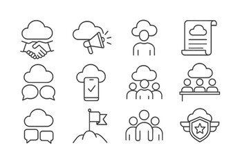 Poster - Cloud communication line icon set. chat, megaphone, document, group outline icons