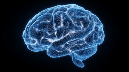 Poster - A luminescent brain model stands out against a dark backdrop, depicting intellect and technology in glowing mesh.