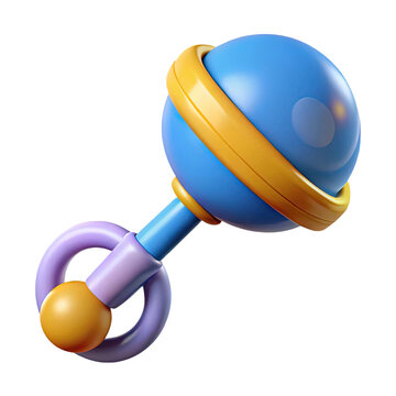 A modern 3d rendered baby rattle toy with a blue sphere and yellow ring on a black background