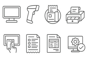 Poster - Office equipment linear icon set. computer, printer, document outline collection