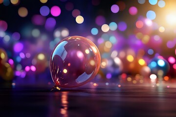 Poster - Clear glass bubble on dark surface with colorful defocused bokeh lights creating magical atmosphere. Festive background with dreamy blurred circles.