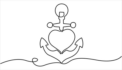 Poster - Ship anchor continuous one line drawing and vector illustration. Continuous line drawing of sea anchor. Doodle vector illustration. Ship anchor continuous one line art simple pencil sketch outline.