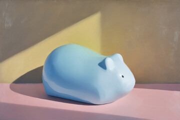 Aufkleber - Soft blue ceramic blob animal figurine with minimalistic design, heavy shadow beneath, pastel pink surface, and warm sunlight creating calm, peaceful atmosphere