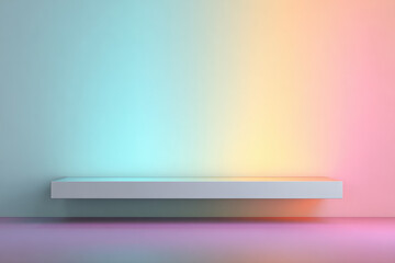 Aufkleber - Minimalist floating shelf blank wall soft pastel gradient modern interior empty platform colorful light contemporary design clean space abstract background calm atmosphere