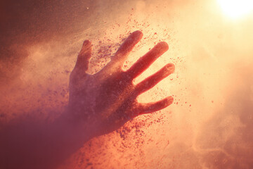 Aufkleber - Handprint glowing softly in dust symbolic mark warm light ethereal atmosphere creative concept emotional mysterious abstract artistic surreal