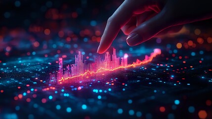 Poster - Glowing financial chart with hand gesture on dark background with red and blue bokeh lights, showing market analysis and trading visualization concept.