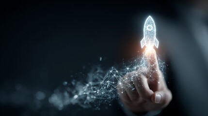Poster - Digital hand launching futuristic rocket, representing technological advancement, startup success, innovation, and business growth with dark elegant background.