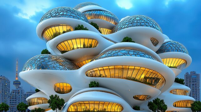 Futuristic Organic Building at Night Illuminated White Structure with City Skyline