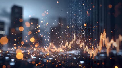 Poster - Glowing financial chart with bokeh light effects and sparkles against blurred urban background, depicting market analysis and trading concept.