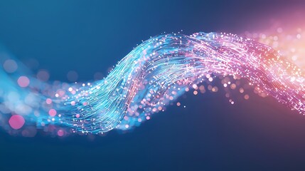 Poster - Glowing wave of particles with pink and blue light effects on dark background, flowing energy stream with bokeh and sparkles creates magical atmosphere.