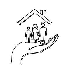 Poster - Hand holding family under a house outline in single line style, three children 