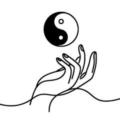 Poster - Two hands holding a yin-yang symbol in a minimalist line art style  