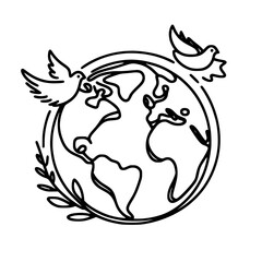 Poster - Peace doves flying around a globe with leafy accents and outline design  