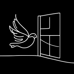 Poster - Peaceful dove flying out of an open door in single line outline design  