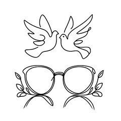 Poster - Minimalist line art of two birds and stylish eyeglasses with leaves  