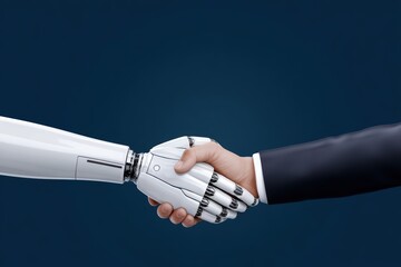 Poster - Artificial intelligence concept, robotic and human handshake symbolizes AI-human collaboration, flat vector style, for Advertise, for banner, with copy space