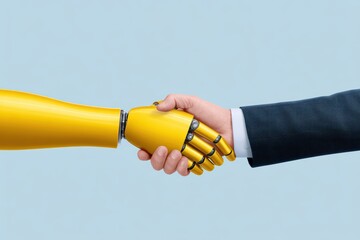 Poster - Artificial intelligence concept, robotic and human handshake symbolizes AI-human collaboration, flat vector style, for Advertise, for banner, with copy space