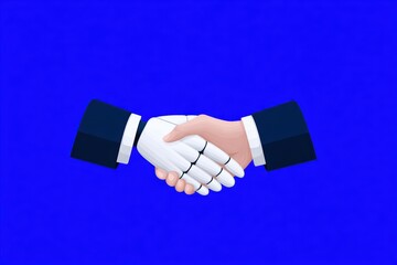 Poster - Artificial intelligence concept, robotic and human handshake symbolizes AI-human collaboration, flat vector style, for Advertise, for banner, with copy space