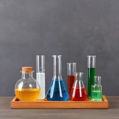 Poster - Colorful chemical experiment creating new formula in glassware, innovative synthesis research, science concept, for Advertise, for banner, with copy space