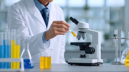 Poster - Scientist testing food samples in sterile lab, modern equipment and white coat, food safety analysis, science concept, for Advertise, for banner, with copy space