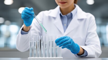 Poster - Scientist testing food samples in sterile lab, modern equipment and white coat, food safety analysis, science concept, for Advertise, for banner, with copy space