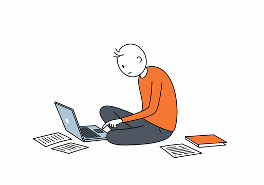Doodle Character Working on Laptop with Papers and Book