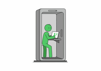 Poster - Stick figure working on laptop in modern office phone booth for privacy and focus
