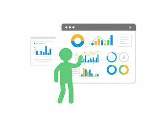 Poster - Business analytics dashboard with charts and graphs and a person pointing at it