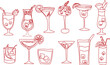 © Mashuda - Hand-drawn cocktail party clipart set, trendy outline illustrations of summer drinks, glasses, fruit and party elements in doodle style, vector illustration isolated on white background, summer drink