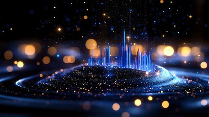 Poster - Glowing futuristic cityscape with luminous skyscrapers rising from circular platform amid sparkling lights and bokeh effects against dark starry background.