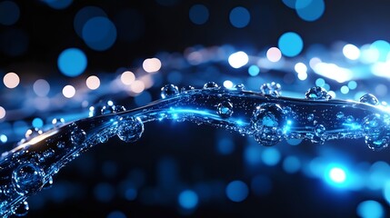 Poster - Glowing water drops on curved surface with blue bokeh lights in dark background create magical atmosphere. Macro photography reveals intricate liquid details.