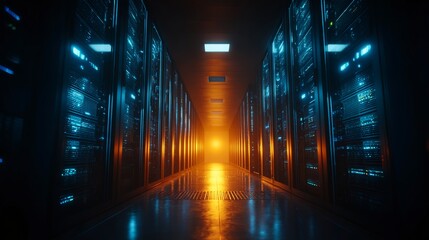 Poster - Futuristic server room showcases rows of networked equipment glowing with blue and orange lights in an innovative space.