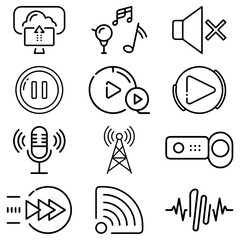Poster - Collection of media icons including cloud upload music note volume control and microphone in black outline