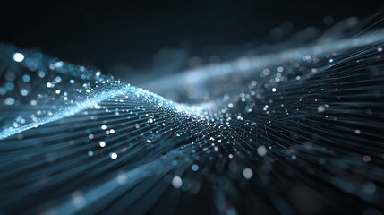 Fototapete - Abstract digital wave pattern with glowing particles creating ethereal visual effect against a dark backdrop.