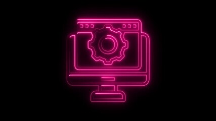 Poster - Neon Computer Settings Icon Animation Glowing Pink Gear on Monitor Screen Loopable Abstract