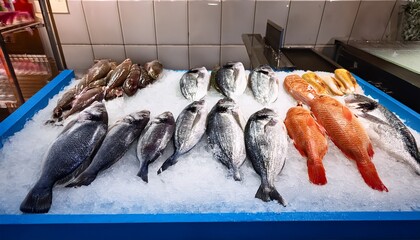 fresh fish display on ice in market for culinary use and recipes