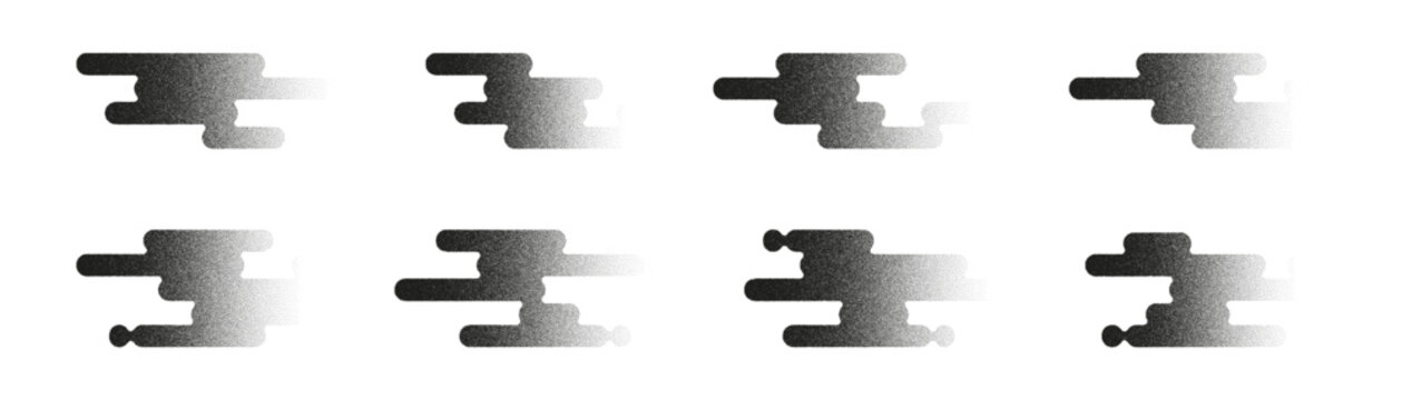 Set of linear Japanese clouds with noise texture. Abstract illustrations of eight black grainy shape designs fading to white over a plain white background in a horizontal row pattern.
