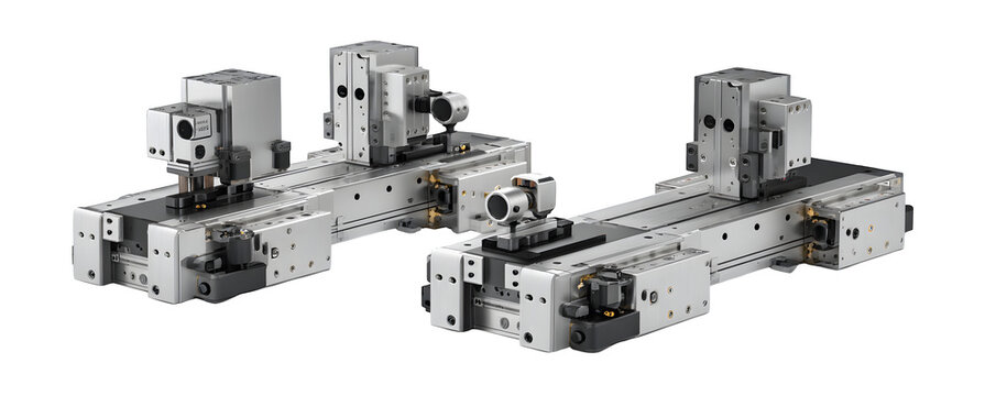 Transparent-Background Realistic Isolated Two 3D CNC robotic tool chang commercial stock asset, PNG cutout, ideal for presentations and web banners, professional graphics