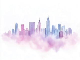 Poster - Vibrant watercolor painting showcasing a mesmerizing cityscape skyline at dusk  featuring soft gradients blending into a harmonious palette  intricate architectural details  and a dreamy