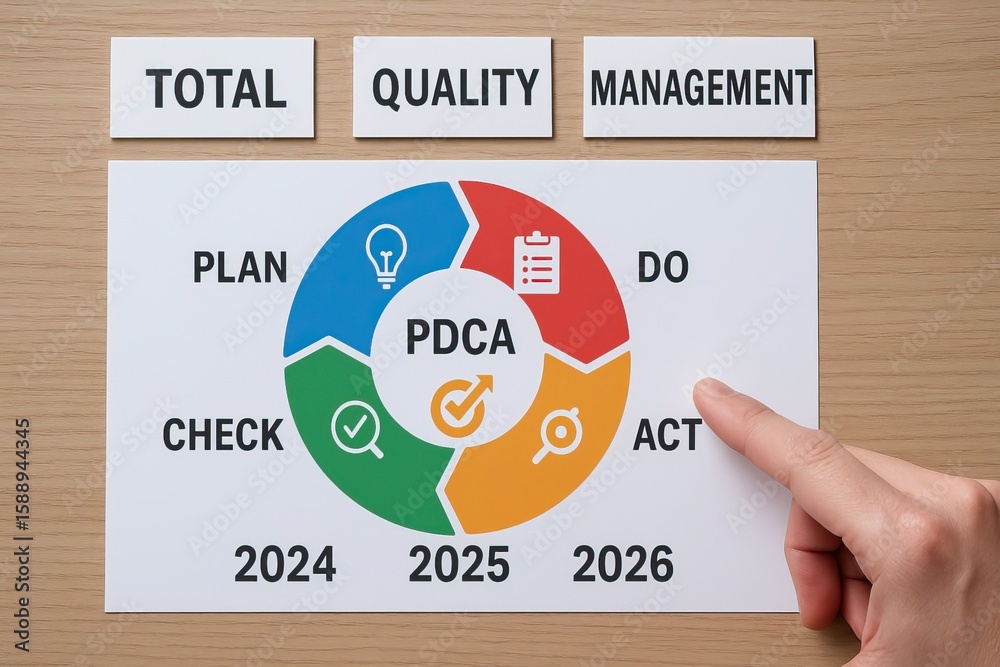PDCA quality management process with hand pointing to plan do check act ...