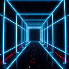 Poster - A mesmerizing tunnel of glowing blue neon squares recedes into the distance, creating a futuristic and abstract perspective