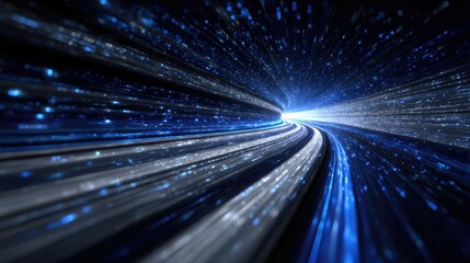 Poster - Digital tunnel with fast-moving blue light streaks, creating a cyber data highway effect