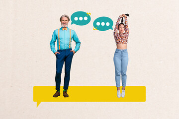 Aufkleber - Creative design composite trend artwork collage of aged man young lady stand smile talk message comment bubble speech communication